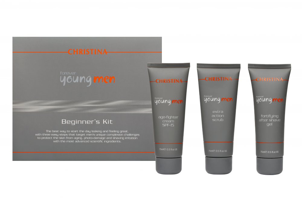 Forever Young Beginner’s Kit: Forever Young Men Extra-Action Scrub, Forever Young Men Fortifying Aftershave Gel, Forever Young Men Age-Fighter Cream SPF 15 Christina Cosmetics