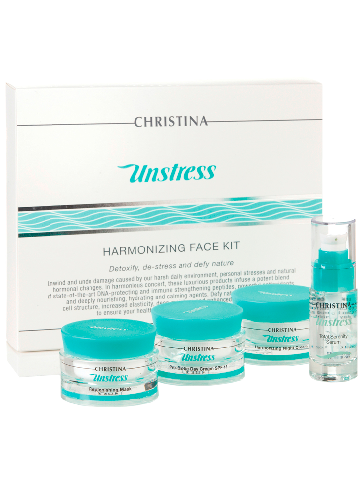 Unstress Face kit: Total Serenity Serum, Probiotic Day Cream SPF 12, Harmonizing Night Cream, Replenishing Mask Christina Cosmetics
